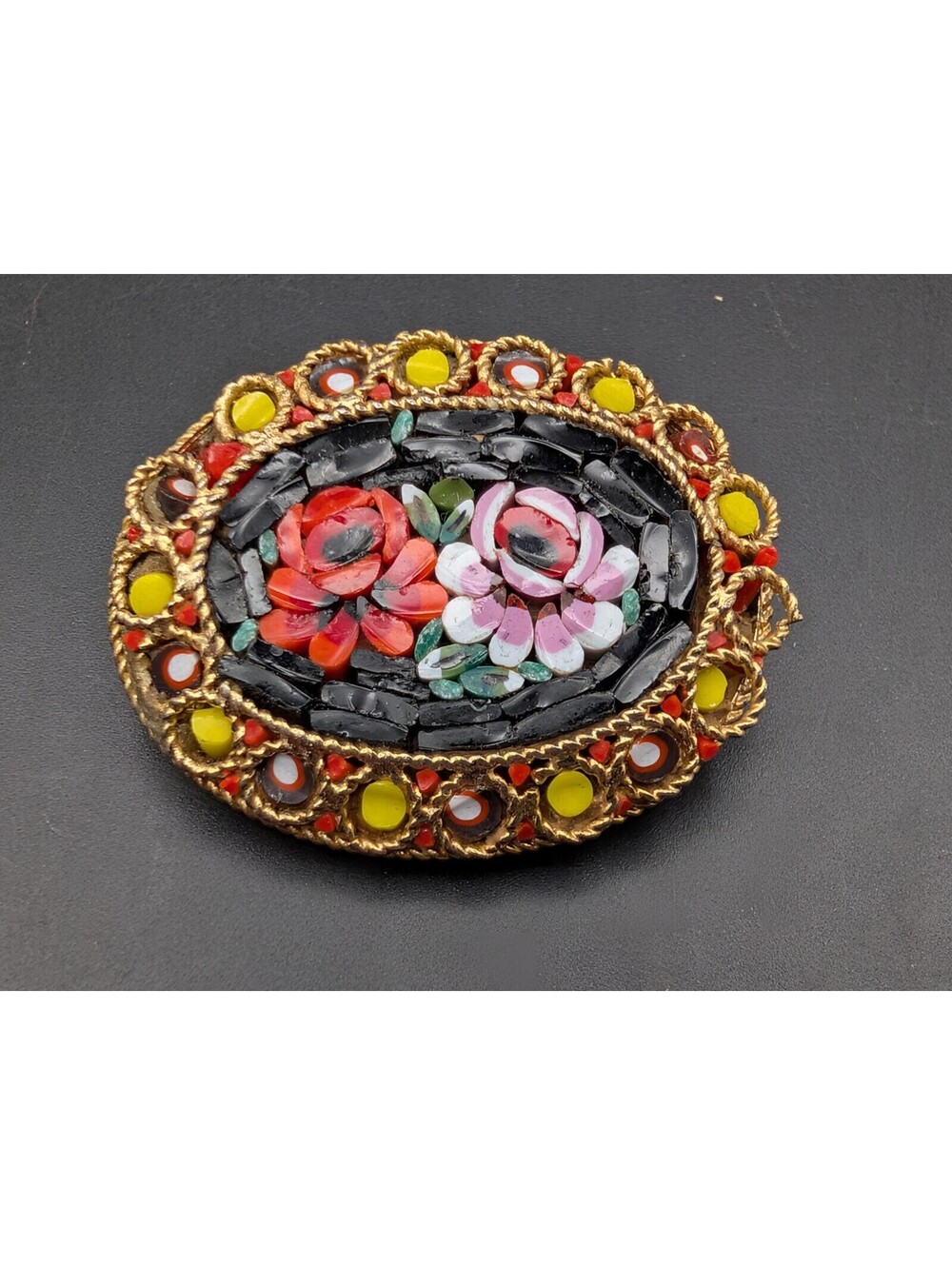 Vintage 1950s Italian Micro Mosaic Floral Brooch Pin Black Ground Gold Tone 1.75